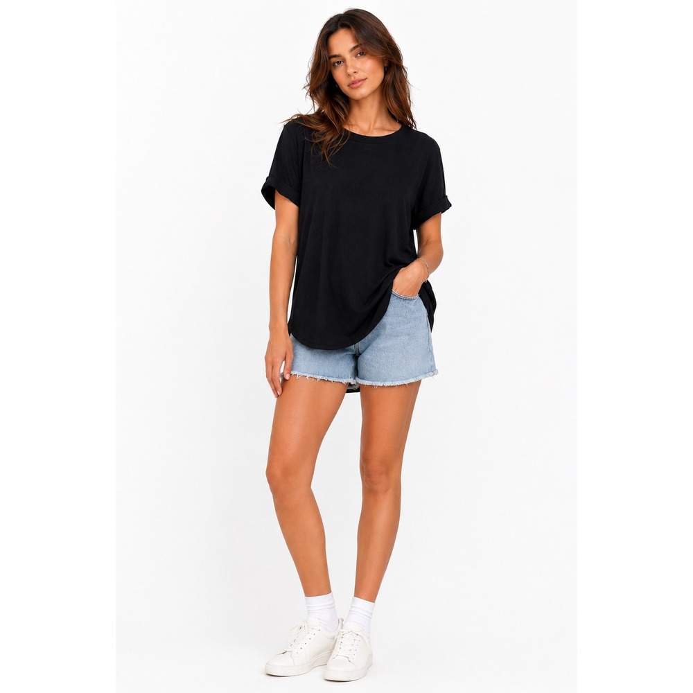 Matty M T Shirt Womens Large Black Cuffed Sleeve High Low Hem Crew Neck Basic